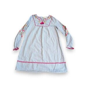 Mini Boden Swim Cover Up Dress Blue White Striped Embroidered Floral Girls 11-12